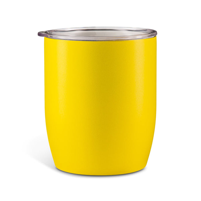 The Refuel Pack - A drink bottle in a bright yellow colour with a clear lid and a smooth finish. It features a branding logo.