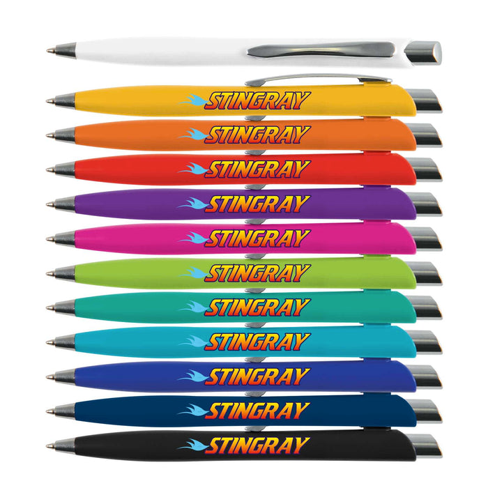 Stingray Pen - A collection of Stingray Pens in various colors, including white, orange, purple, and teal, featuring a logo.