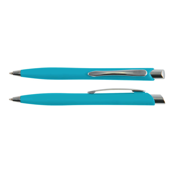 Stingray Pen - A plastic pen in vibrant turquoise, featuring a sleek design and a silver clip. The pen has a logo visible.