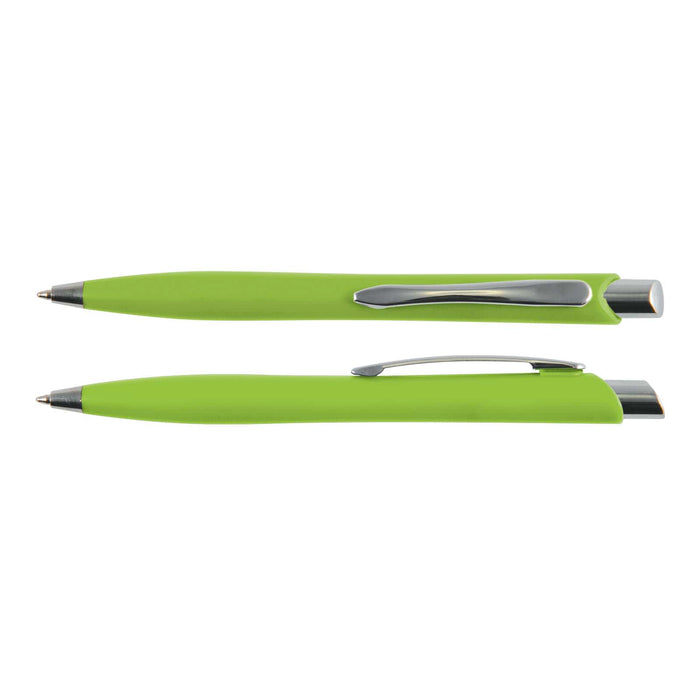Stingray Pen - A green plastic pen with a sleek design and a silver clip. The image features two angles of the pen.