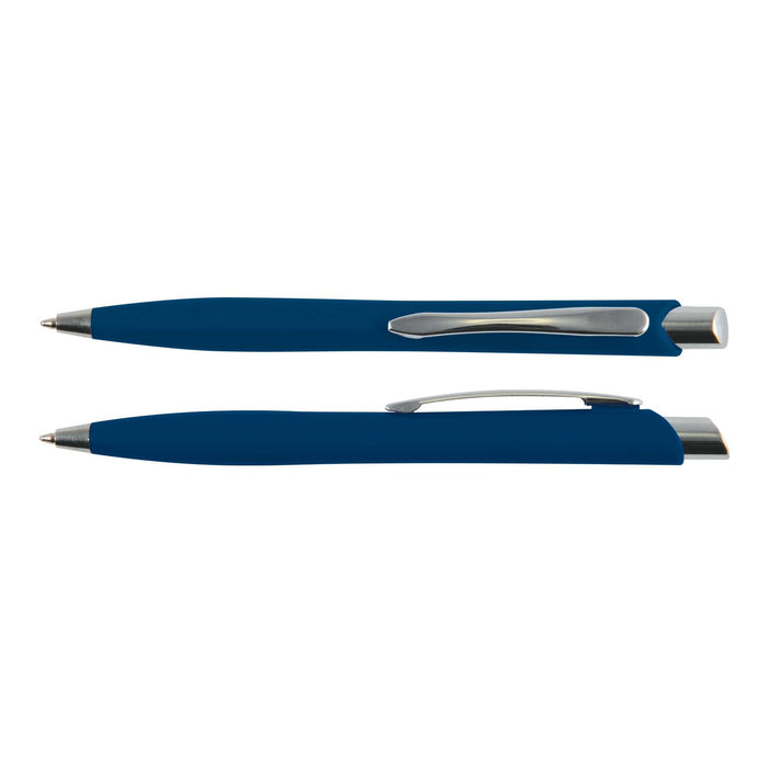 Stingray Pen - A blue plastic pen with a smooth finish and silver clip, displayed from different angles. It features a branding logo.