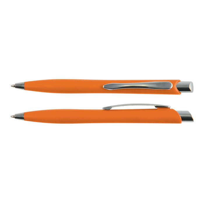 Stingray Pen - An orange plastic pen with a sleek design and silver accents, featuring a clip for easy attachment.