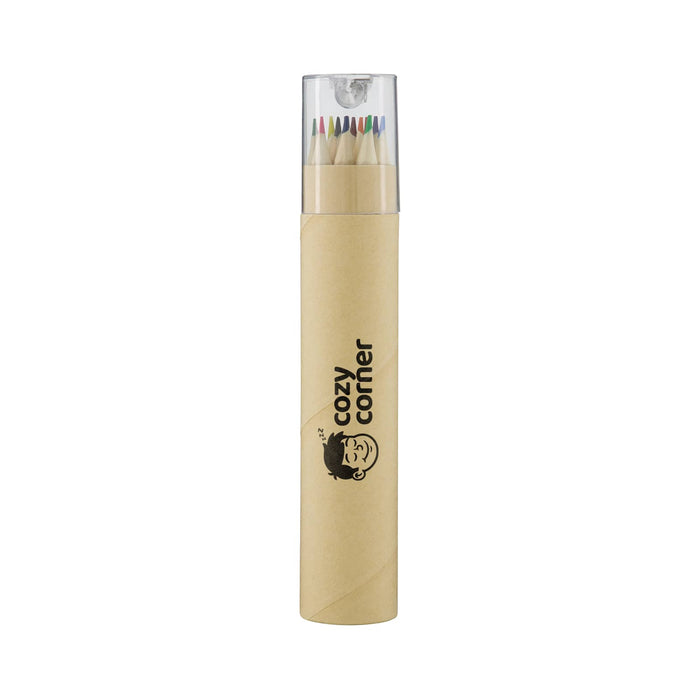Colouroo Long Pencils in Tube - A tube containing multiple coloured pencils with a transparent lid and a logo on the side.