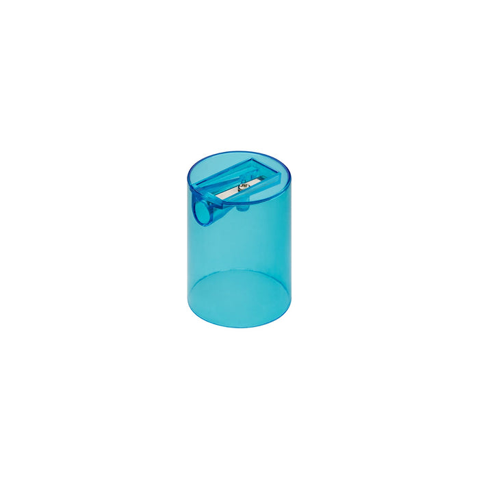 Colouroo Long Pencils in Tube - A transparent blue tube sharpener with a small blade, designed for sharpening pencils.