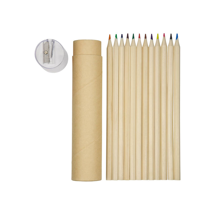 Colouroo Long Pencils in Tube - Coloured pencils in various shades, alongside a sharpener, packaged in a cylindrical tube.
