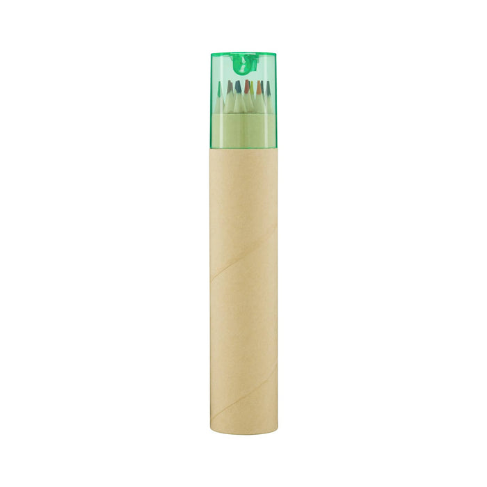 Colouroo Long Pencils in Tube - A cylindrical tube containing a set of long coloured pencils with a transparent green cap.