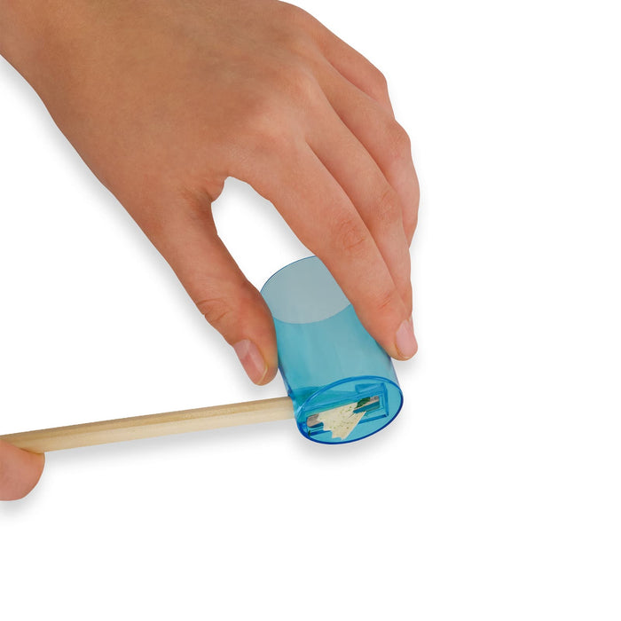 Colouroo Long Pencils in Tube - A hand holds a transparent blue tube containing long coloured pencils, with one pencil partially extended.