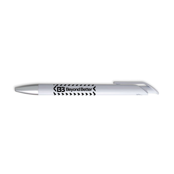 Octave Gel Ink Pen - A white gel ink pen with a silver clip and a black logo on the barrel.