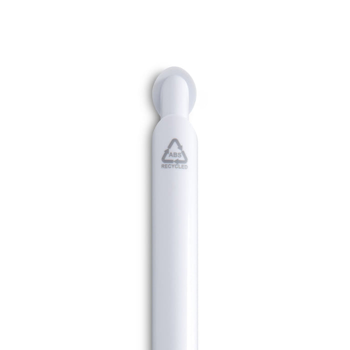 Octave Gel Ink Pen - A white gel ink pen with a rounded end and a logo indicating it is made from recycled materials.