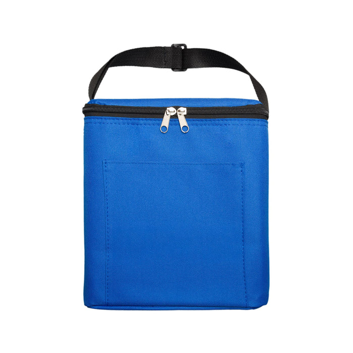 The Knock Off for Christmas Pack - A blue cooler bag features a zippered closure and a black handle for carrying. It includes a front pocket.