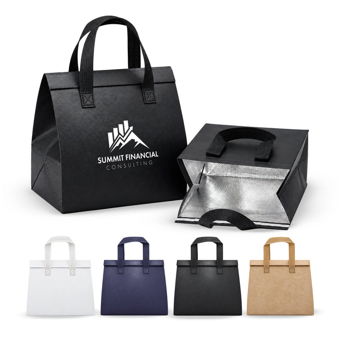 Wayfarer Cooler Bag - A black cooler bag with an insulated interior and sturdy handles, alongside options in white, navy, and brown.