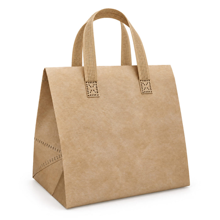 Wayfarer Cooler Bag - A tan cooler bag with patterned handles, featuring a structured design and a branded logo.