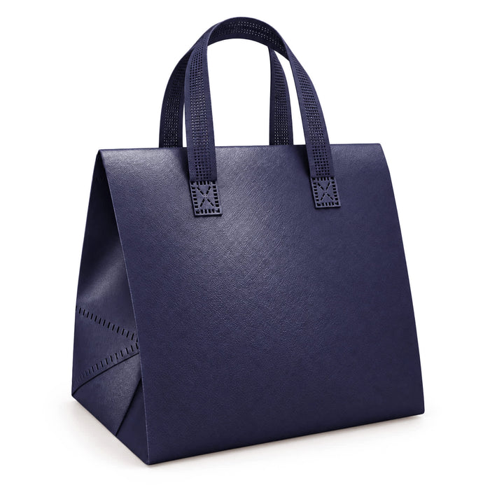 Wayfarer Cooler Bag - A navy blue cooler bag with sturdy handles and a structured design. It features a logo on the front.