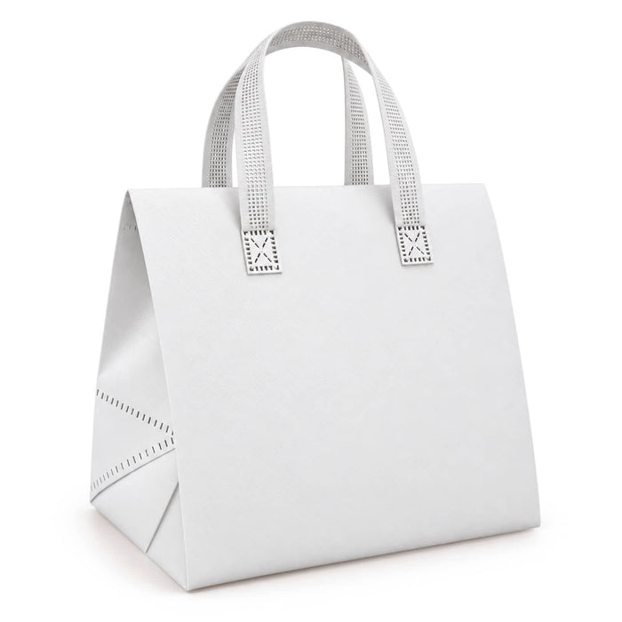 Wayfarer Cooler Bag - A white cooler bag with structured sides and patterned handles. It features a simple design and includes a logo.