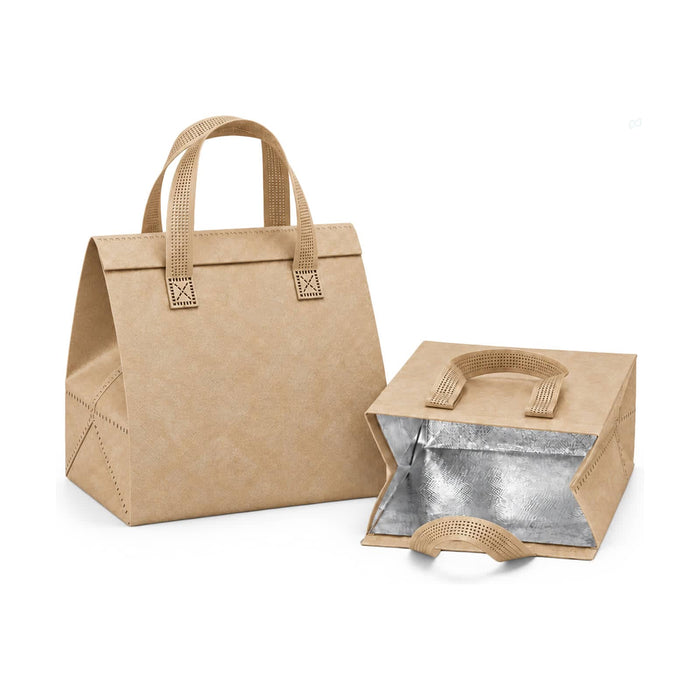Wayfarer Cooler Bag - A brown cooler bag with a silver insulated interior and two woven handles. Includes a removable lid.