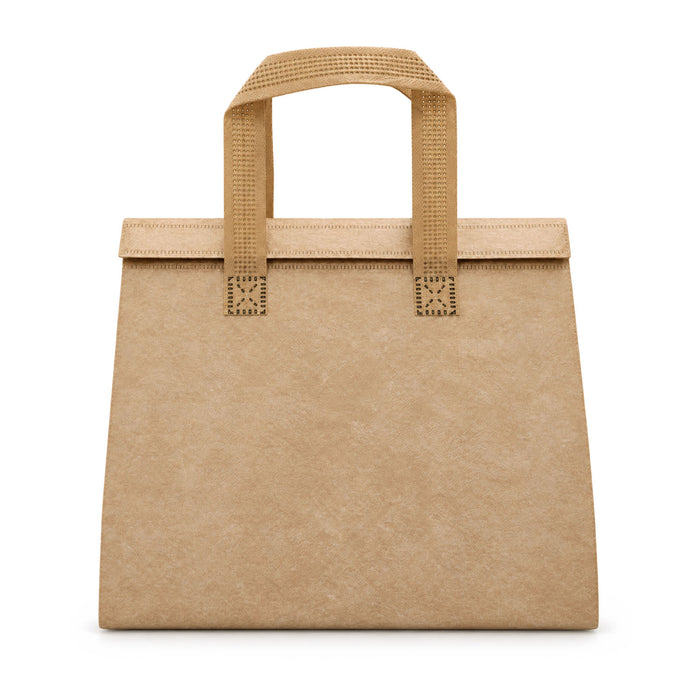 Wayfarer Cooler Bag - A tan cooler bag with a flat design and two woven handles, featuring a simple and minimalist look.