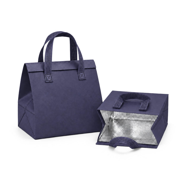 Wayfarer Cooler Bag - A navy blue cooler bag with sturdy handles and an insulated interior. It has a square shape and is fully closed.