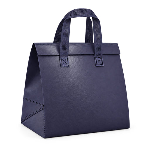 Wayfarer Cooler Bag - A navy blue cooler bag with sturdy handles and a structured design, featuring a logo.