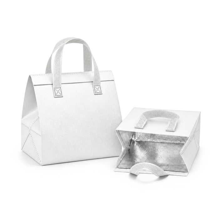 Wayfarer Cooler Bag - A white cooler bag with handles, featuring an insulated interior and a structured design. It includes a logo.