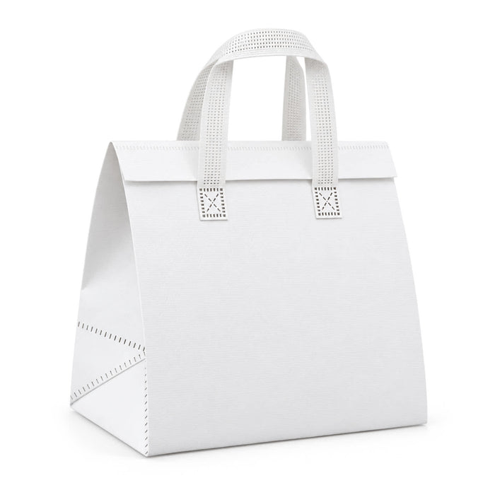 Wayfarer Cooler Bag - A white cooler bag with sturdy handles and a structured design, featuring a logo on the front.