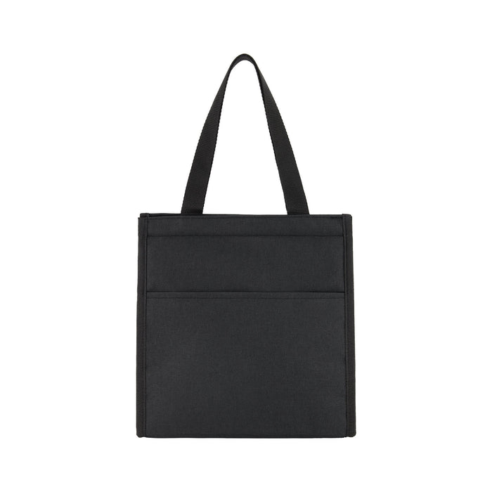 The Refuel Pack - A black cooler bag with a simple design, featuring two front pockets and dual carrying handles.