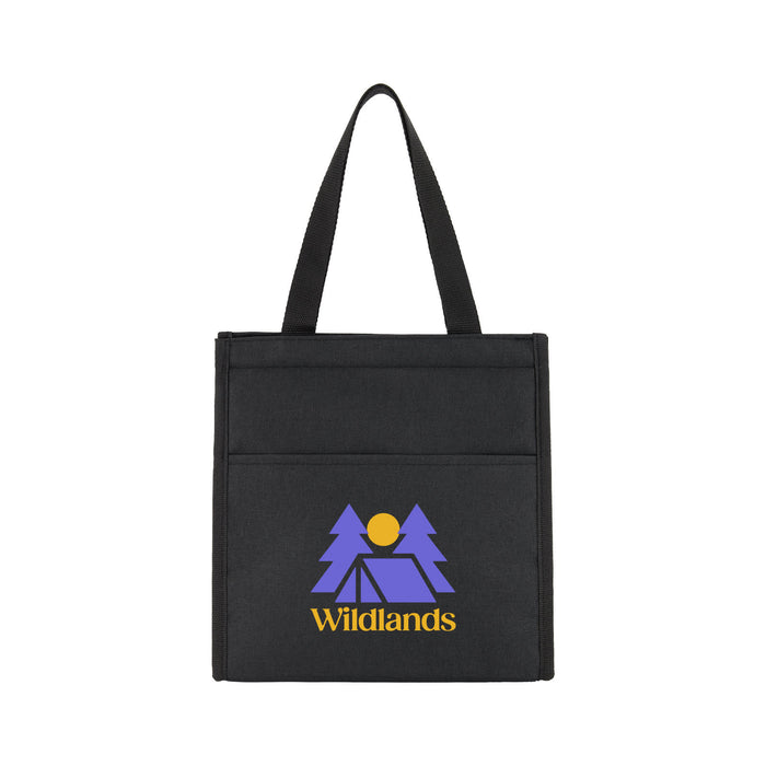 Lunch & Latte Kit - A black cooler bag featuring a logo with trees and a tent design. The bag has two sturdy handles.