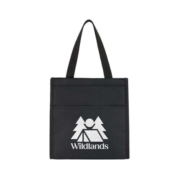 Lunch & Latte Kit - A black cooler bag featuring a logo and a front pocket, designed for transporting food and drinks.