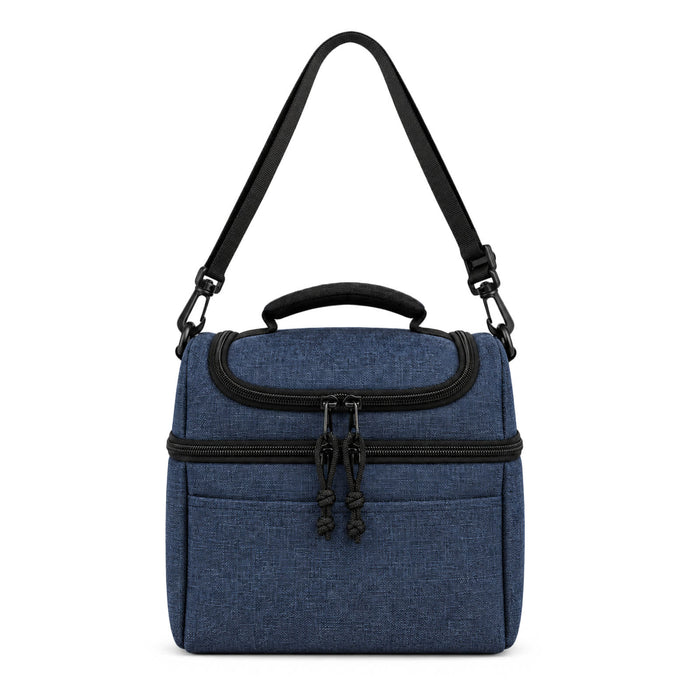 Kanto Cooler Bag - A cooler bag in navy blue with a top handle and adjustable strap, featuring zippered compartments and a front pocket.