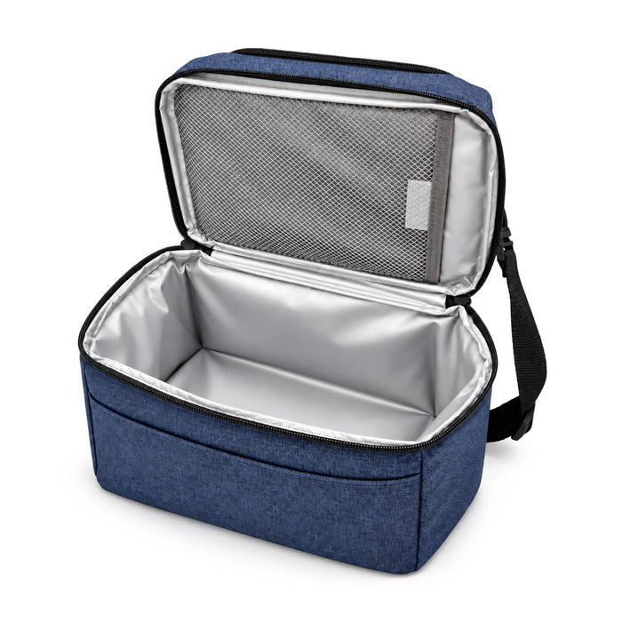 Kanto Cooler Bag - A blue cooler bag with a silver insulated interior and a zippered opening. It features a front pocket and an adjustable strap.