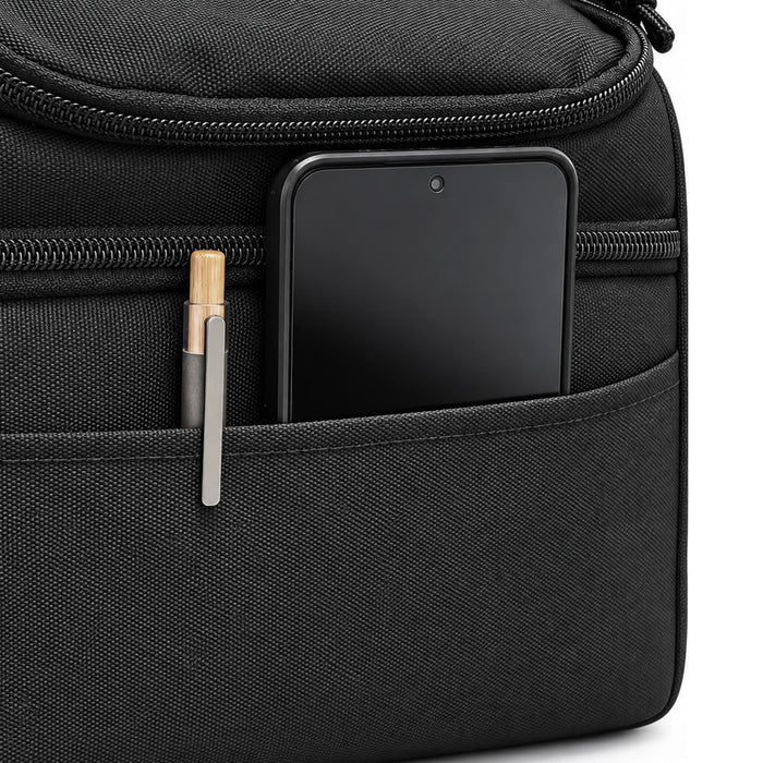 Kanto Cooler Bag - A black cooler bag with a zipped pocket featuring a phone and a pen. The bag has a simple design and is made from fabric.
