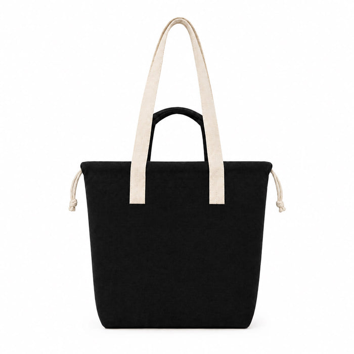 Darby Tote Bag - A black tote bag with cream handles and a drawstring closure, featuring a logo.