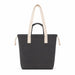 Darby Tote Bag - A dark grey tote bag with light beige straps and drawstring closures, featuring a simple design and a logo.
