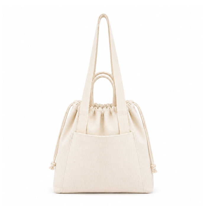 Darby Tote Bag - A cream tote bag with long straps, a drawstring closure, and a front pocket, featuring a logo.