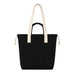 Darby Tote Bag - A black tote bag with cream handles and a front pocket, featuring a logo.