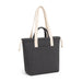 Darby Tote Bag - A dark grey tote bag with contrasting cream handles and a front pocket, featuring a branded logo.