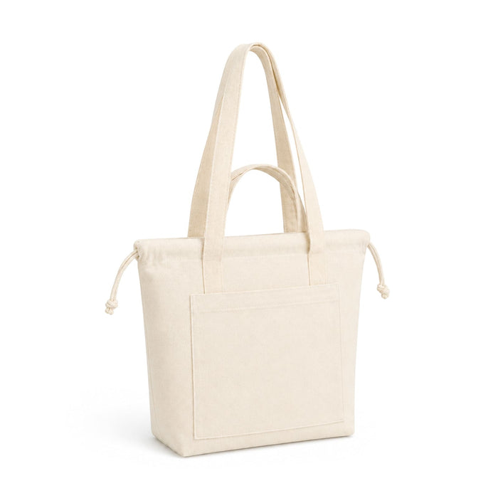 Darby Tote Bag - A cream-coloured tote bag with long straps and a front pocket, featuring a logo.