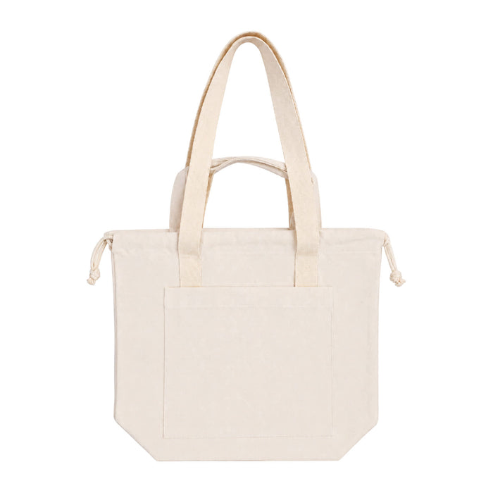 Darby Tote Bag - A cream tote bag with double handles and a front pocket, featuring a simple design and a logo on the side.
