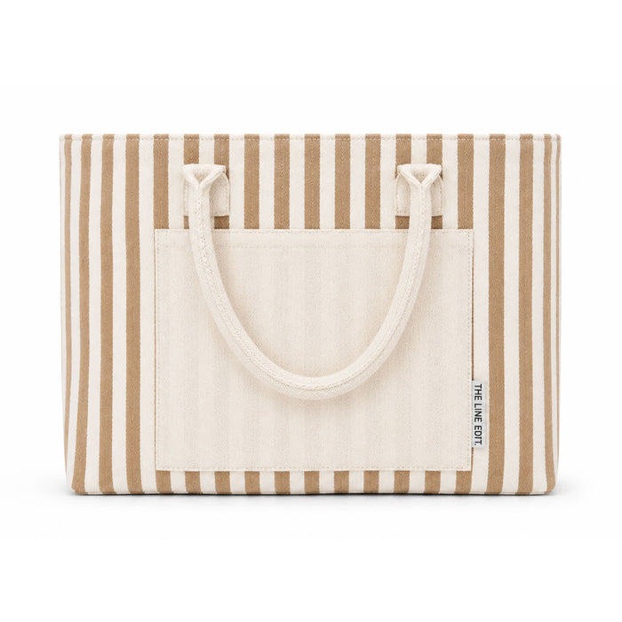 Hampton Tote Bag by The Line Edit. - A striped tote bag with a cream and brown pattern, featuring two handles and a front pocket.