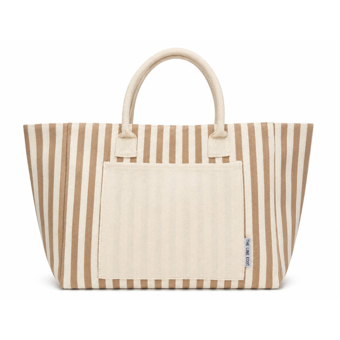 The Weekend Edit - A striped tote bag in beige and cream featuring two handles and a front pocket. Branding is present on the bag.