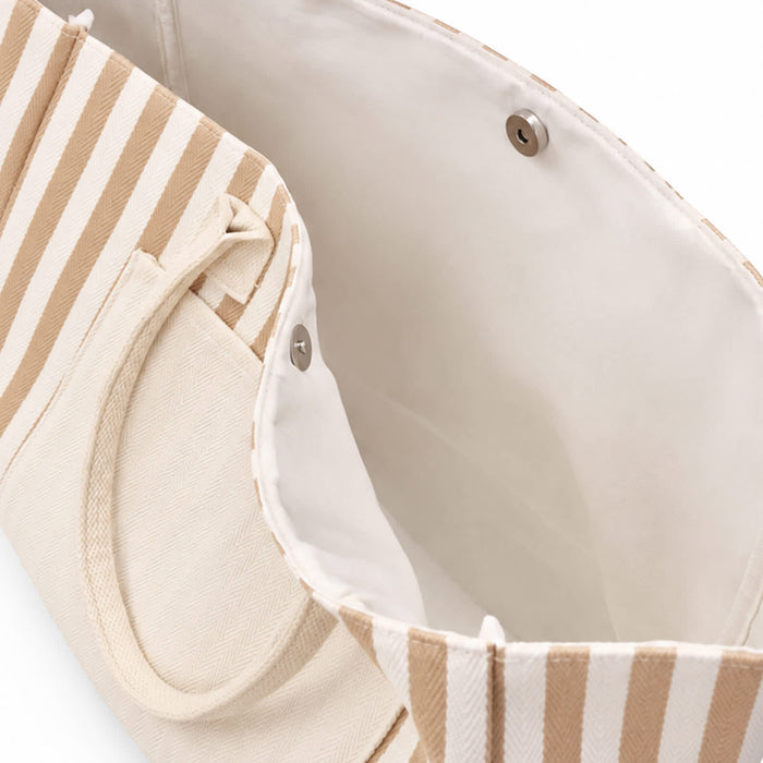 Hampton Tote Bag by The Line Edit. - A tan and cream striped tote bag featuring a spacious interior and a snap closure.