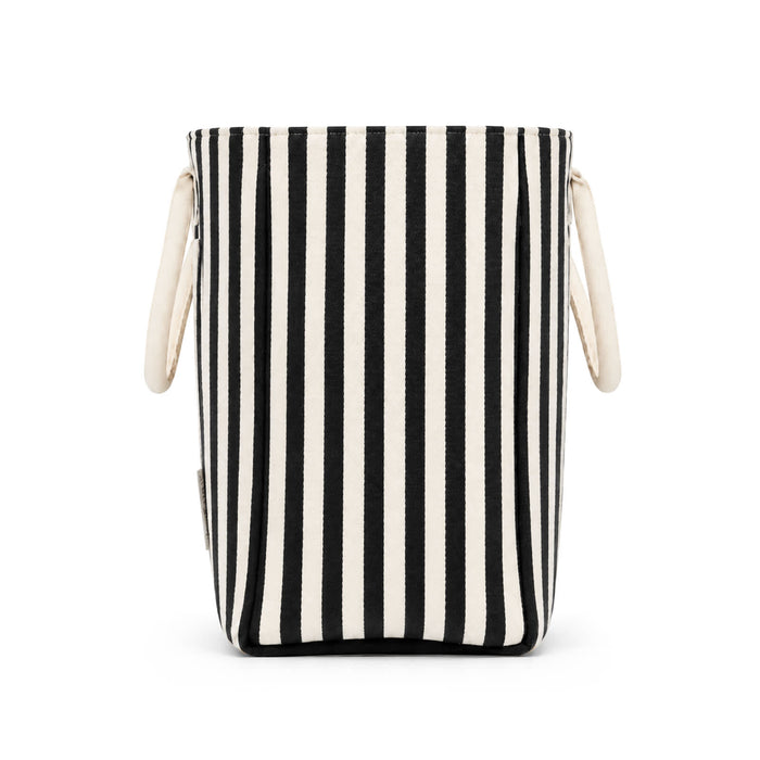 Hampton Tote Bag by The Line Edit. - A striped tote bag in black and cream with two handles and a logo on the side.