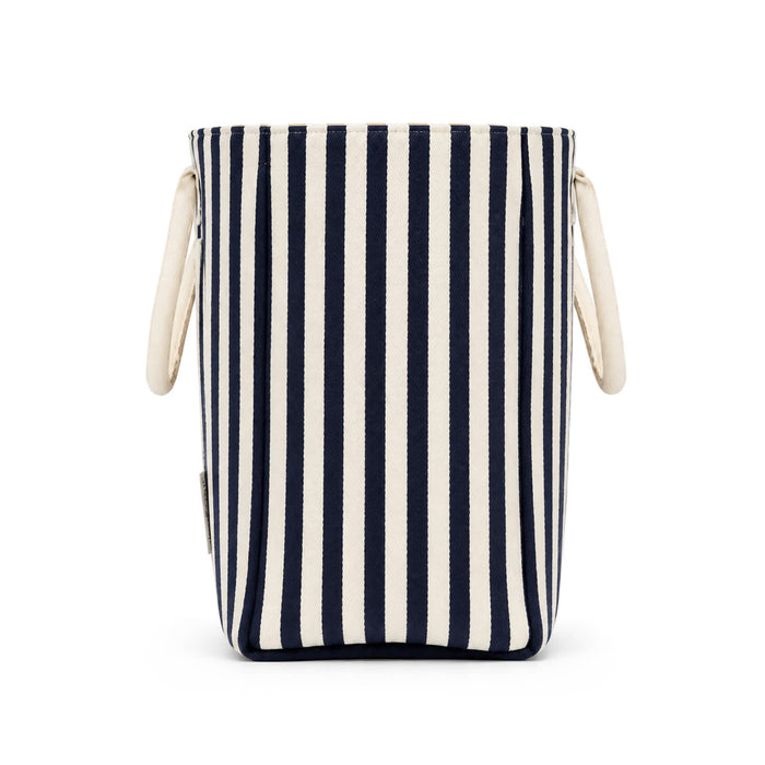 Hampton Tote Bag by The Line Edit. - A striped tote bag in navy and white with two carry handles and a simple branding tag.