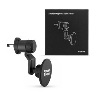 Anchor by Nomis Car Phone Holder - A black magnetic car phone holder with a circular base next to its packaging. The packaging has a logo.