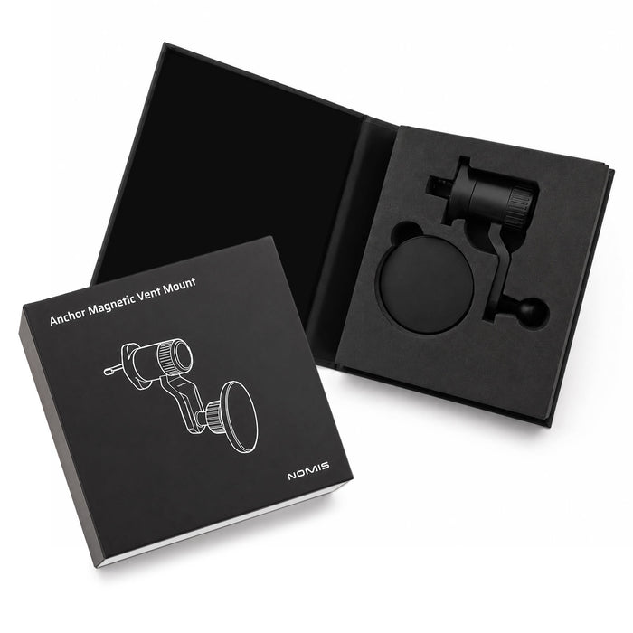 Anchor by Nomis Car Phone Holder - A black magnetic car phone holder in a sleek box with a logo, featuring a vent mount design.