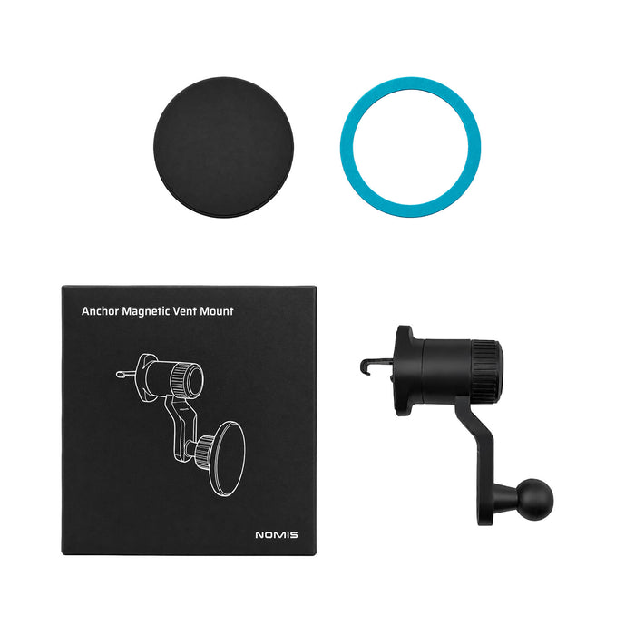 Anchor by Nomis Car Phone Holder - A black car phone holder with a magnetic vent mount, a circular pad, and a blue adhesive ring, packaged in a box.
