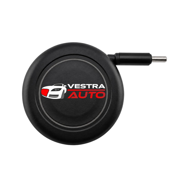 Turbo 20w Retractable Car Charger - A black retractable car charger with a circular design and a connector at one end. It features a logo.