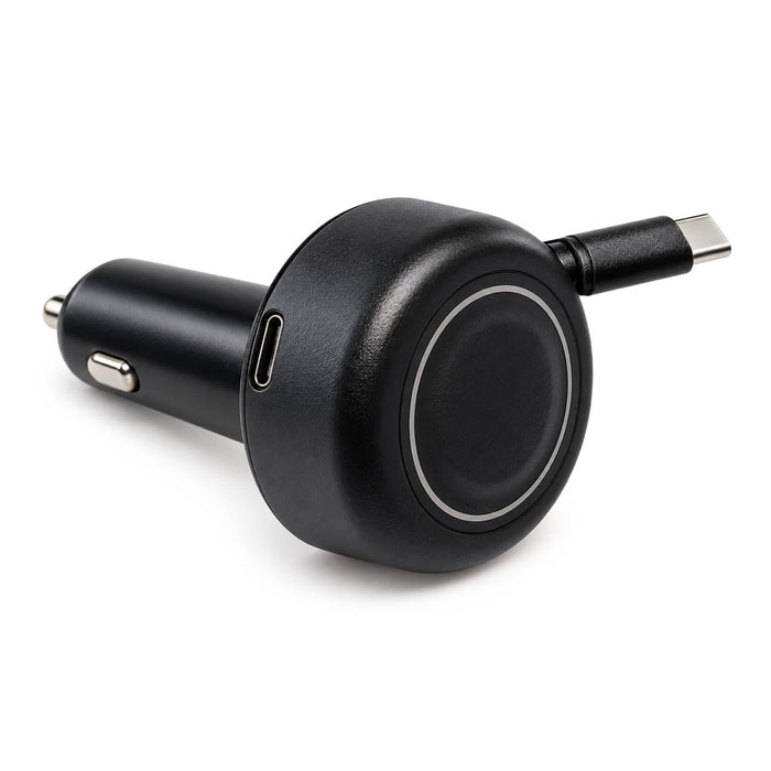 Turbo 20w Retractable Car Charger - A black retractable car charger with a USB-C cable attachment and a built-in logo.