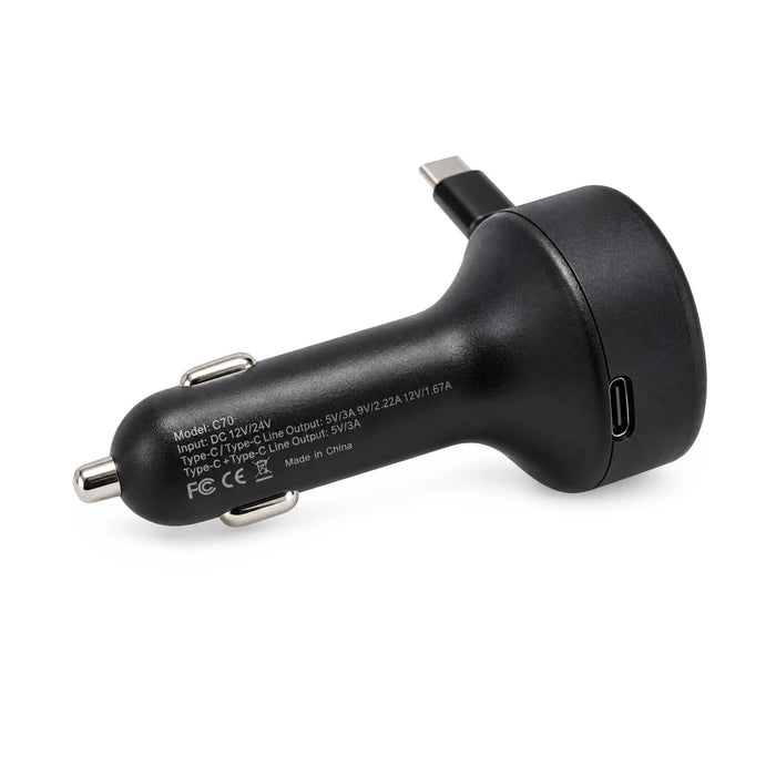 Turbo 20w Retractable Car Charger - A black retractable car charger with Type-C and USB-A outputs and a logo, designed for vehicle use.