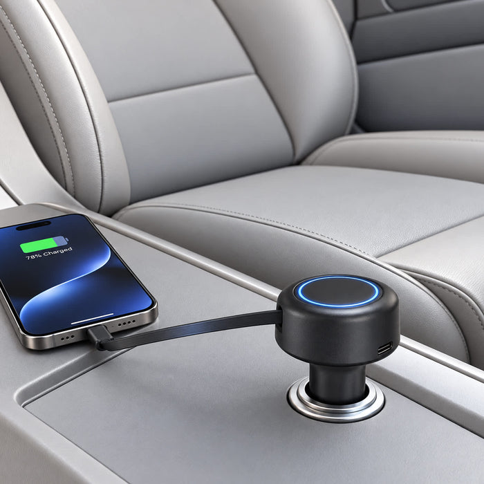 Turbo 20w Retractable Car Charger - A retractable black car charger is plugged into a car's power socket, with a smartphone connected beside it on a grey console.