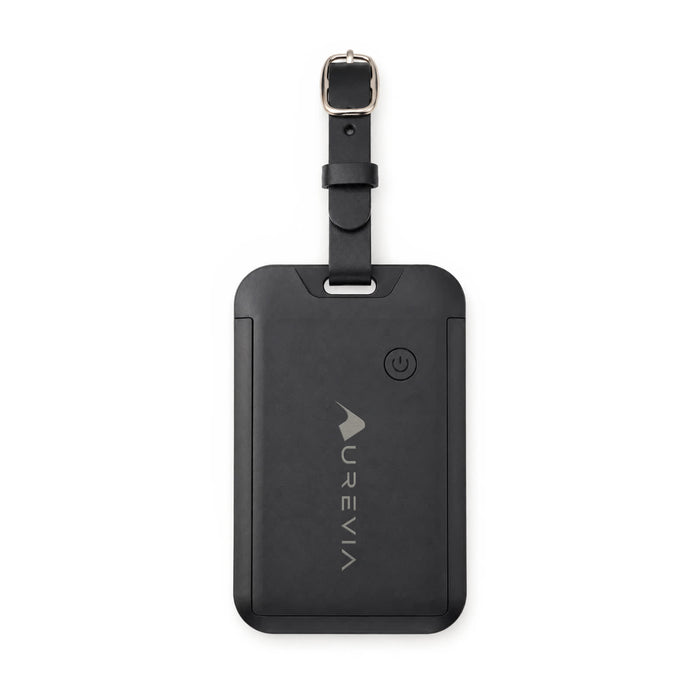Jet Luggage Tag Tracker - A black luggage tag tracker with a strap and a logo on the front, featuring a power button.